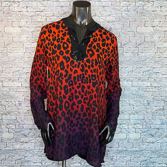 Susan Graver Tops - Susan Graver Animal Print Blouse Women's Size 6 Long Sleeve Embellished V Neck